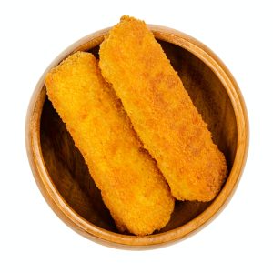 Deep-fried vegan fishless fingers, ready to eat, in a wooden bowl